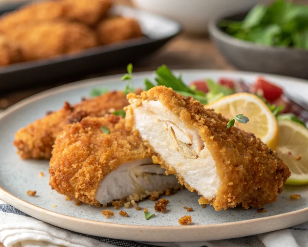 Sliced panko breaded chicken showcasing the juicy interior