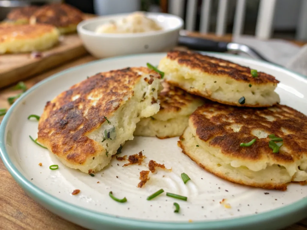 Close-up of fluffy and golden leftover mashed potato pancakes