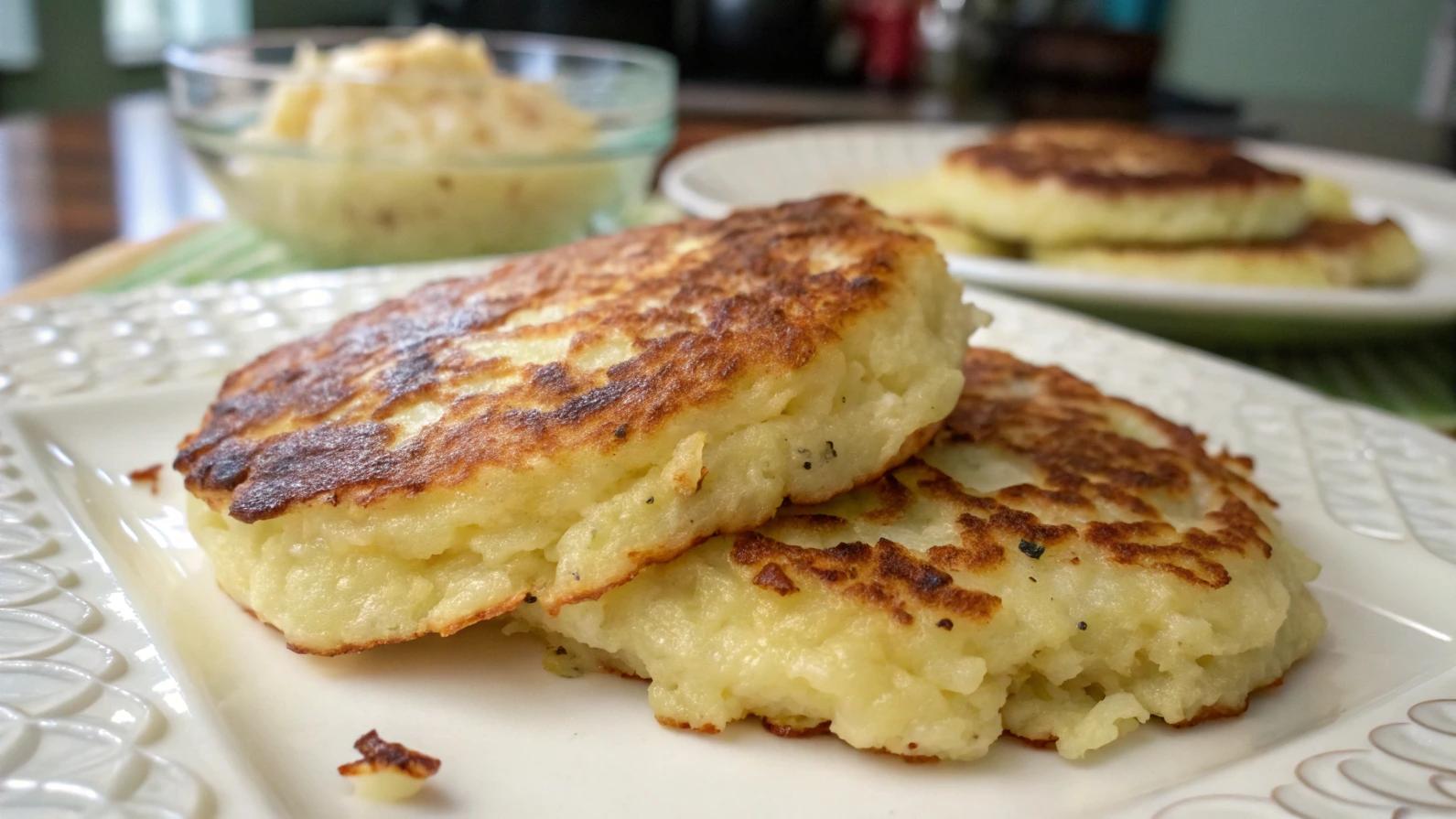 Stack of crispy leftover mashed potato pancakes