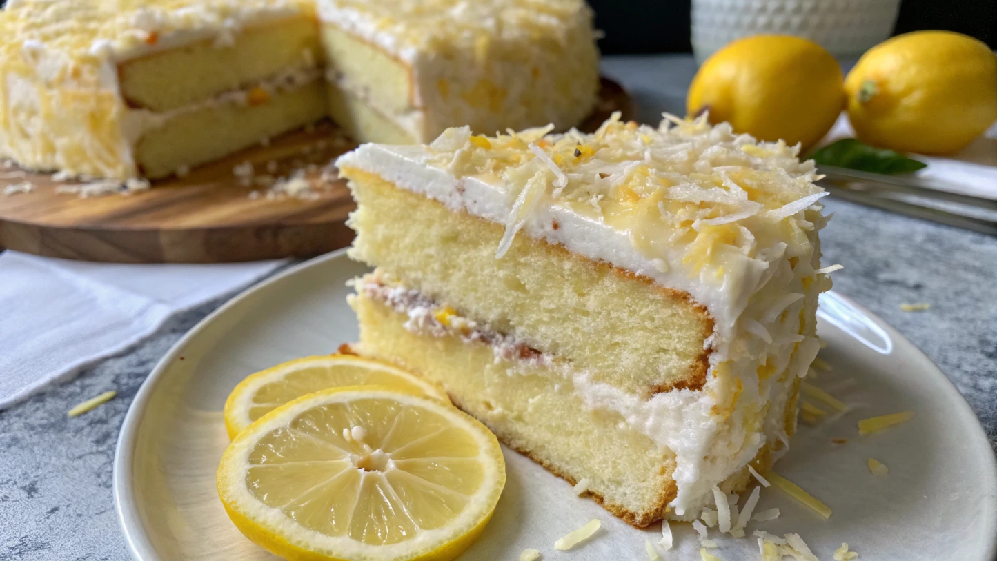 Whole lemon coconut cake on a plate