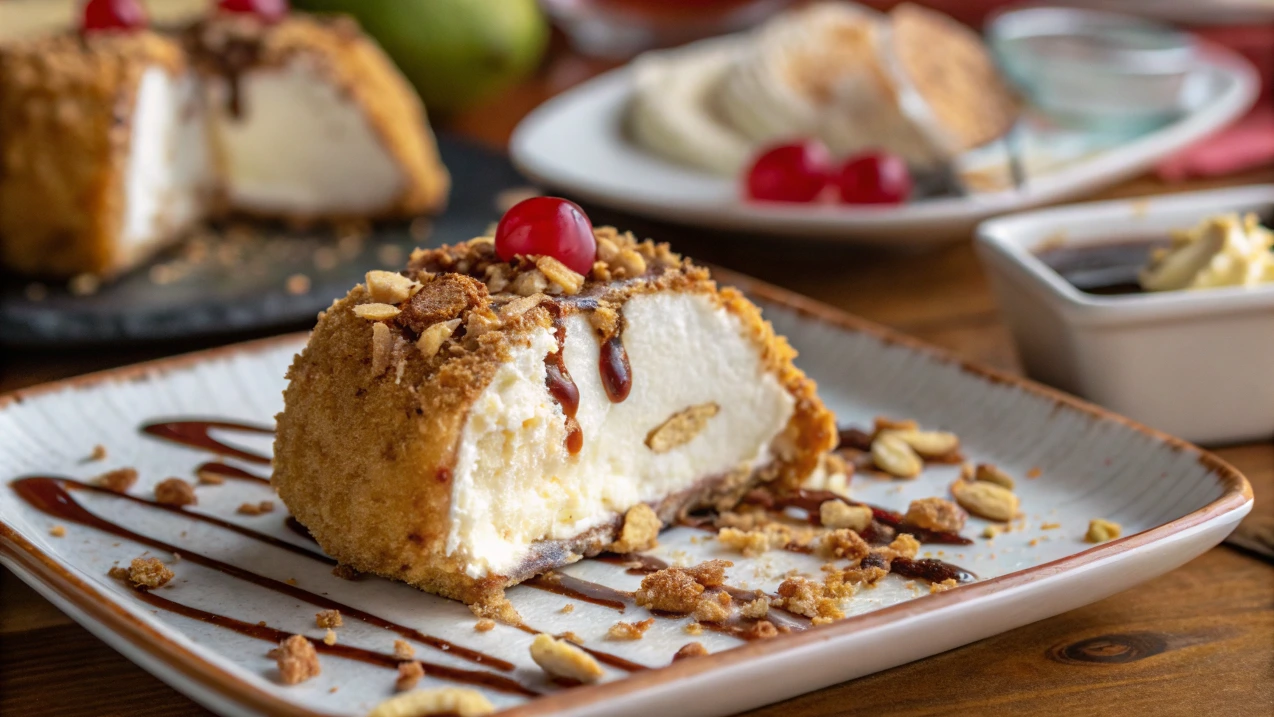 A selection of Mexican fried ice cream desserts, served on a plate with various toppings and sauces