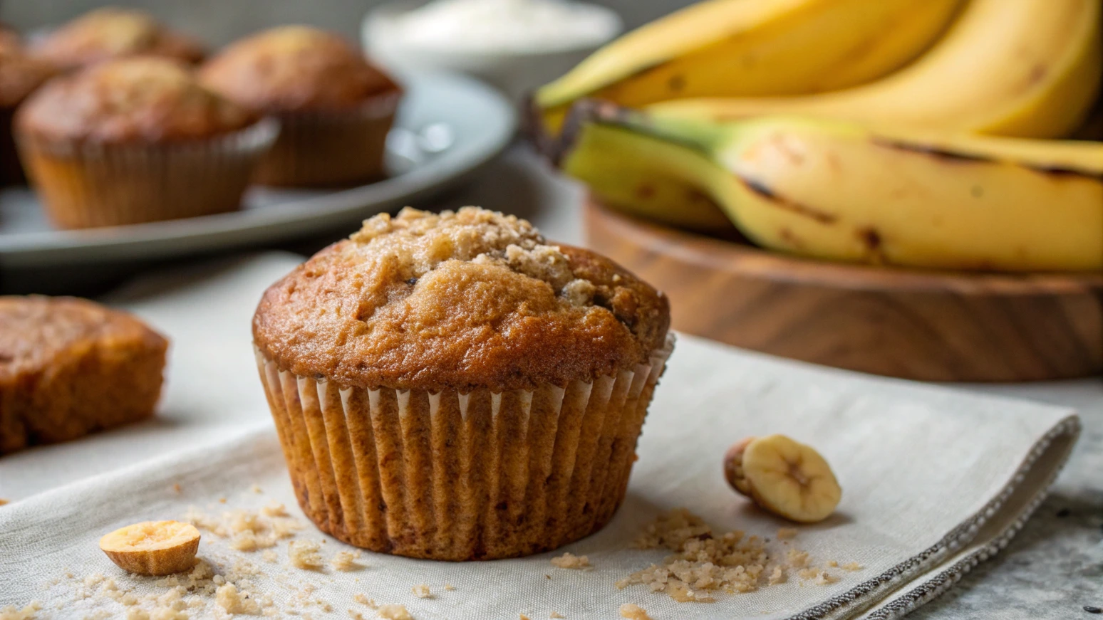 A close-up of a mini banana bread muffin with a crumbly topping and scattered crumbs