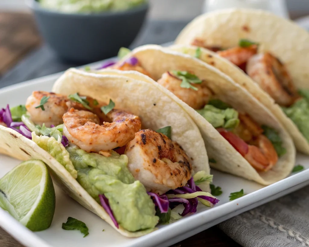 Delectable shrimp tacos served on a white plate, featuring grilled shrimp, fresh toppings, and a creamy avocado crema.