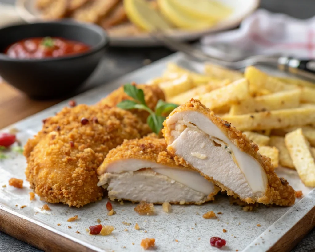 Panko breaded chicken with fries and salad on a plate