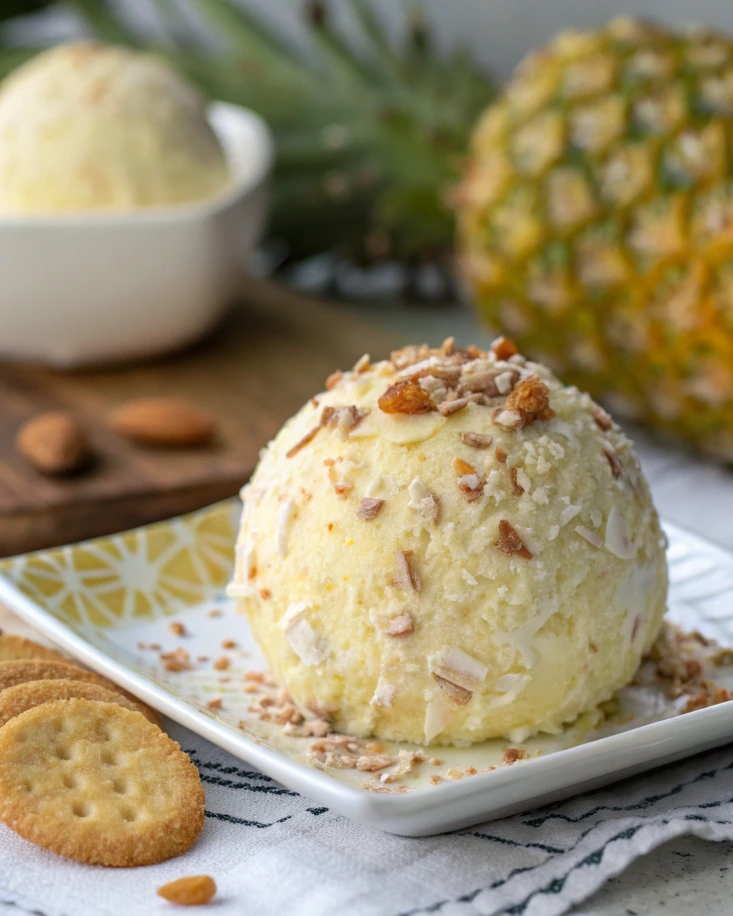 Pineapple cream cheese ball served on a wooden platter with veggies and crackers.