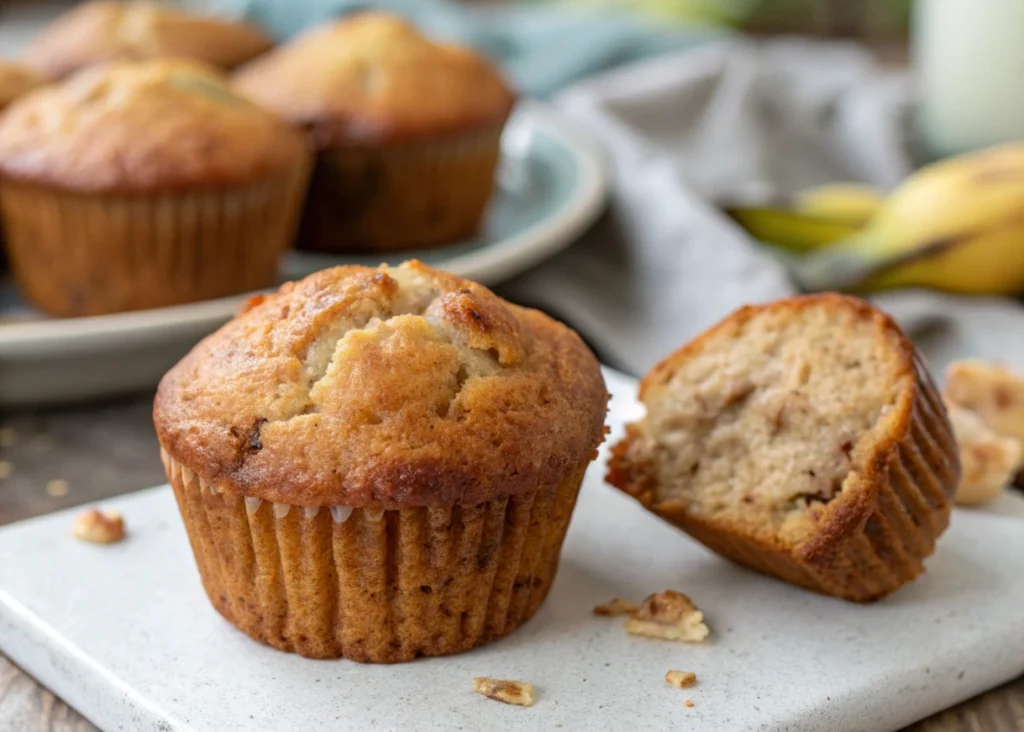 A plate of mini banana bread muffins with a banana in the background