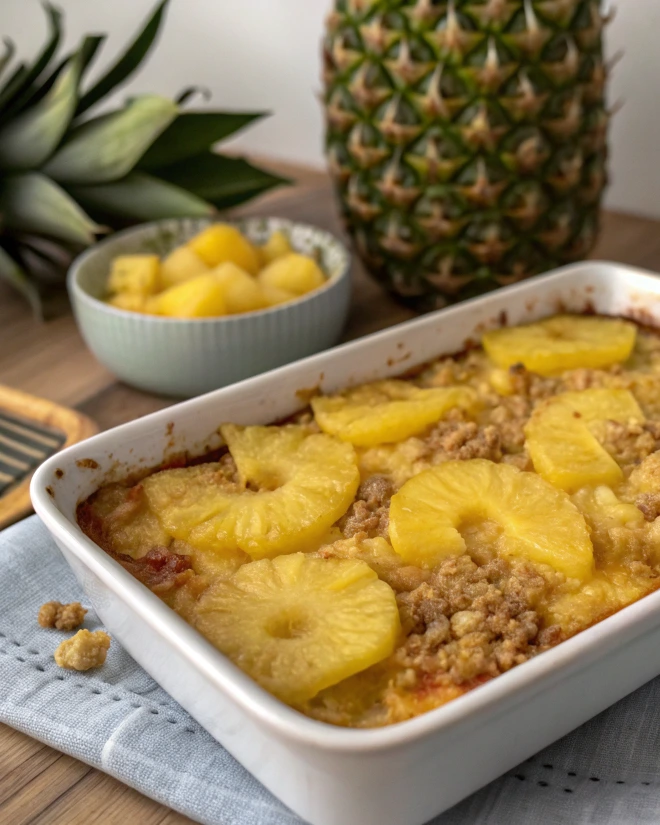 Delicious pineapple casserole dish with golden pineapple slices