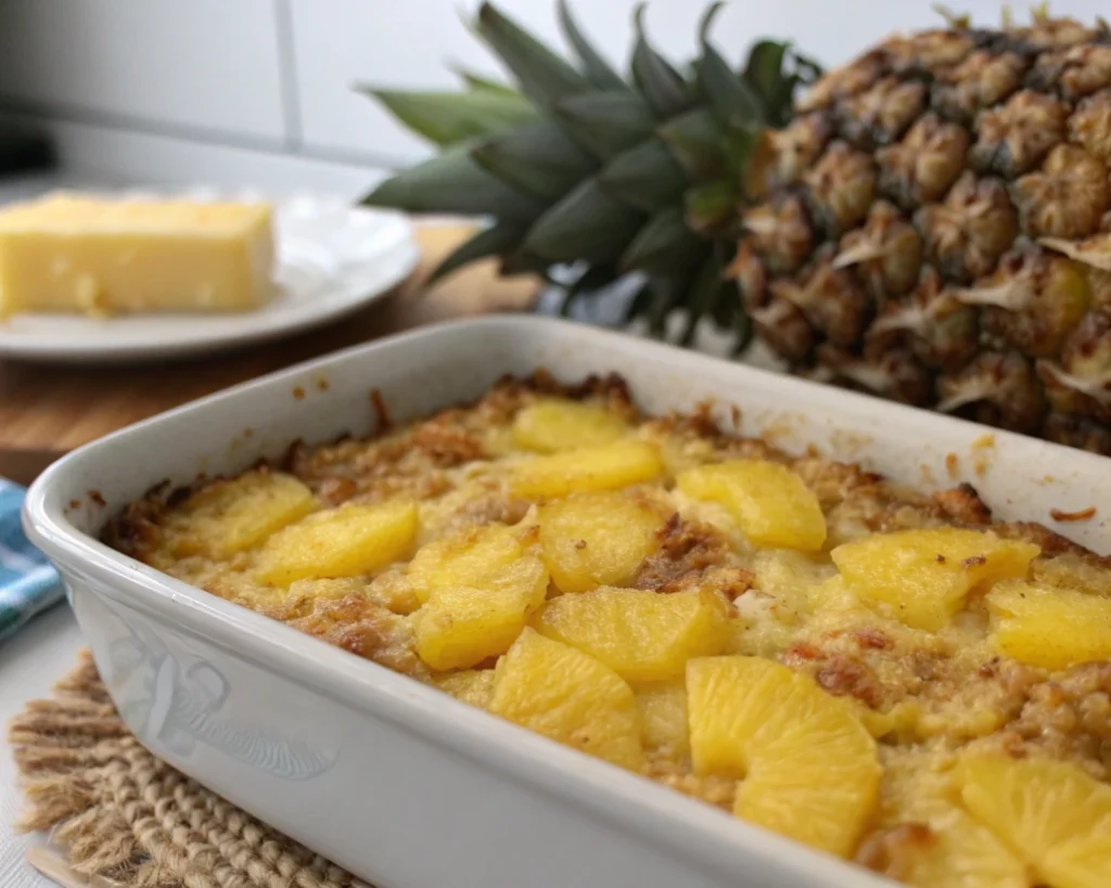 Pineapple casserole with pineapple slices and a crumble topping