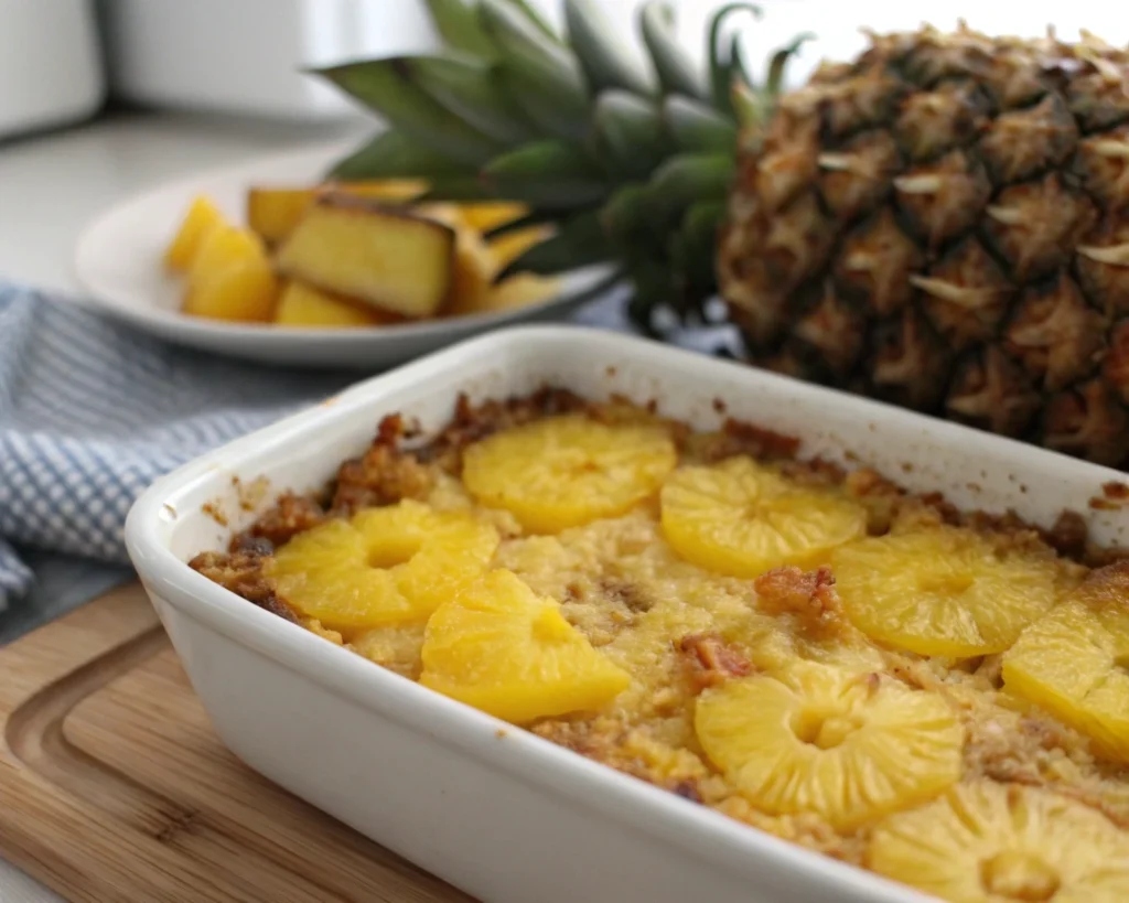 Pineapple casserole with pineapple chunks and a golden-brown crust