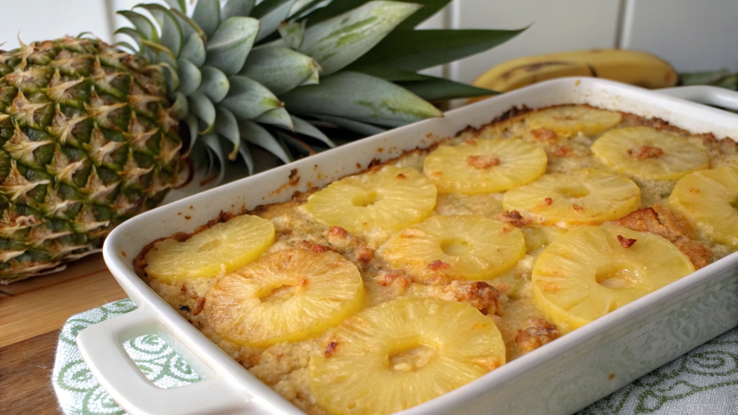 Pineapple casserole with fresh pineapple and a golden-brown crust