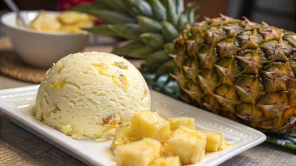 Golden-coated pineapple cream cheese ball on a white plate with crackers and fresh herbs.