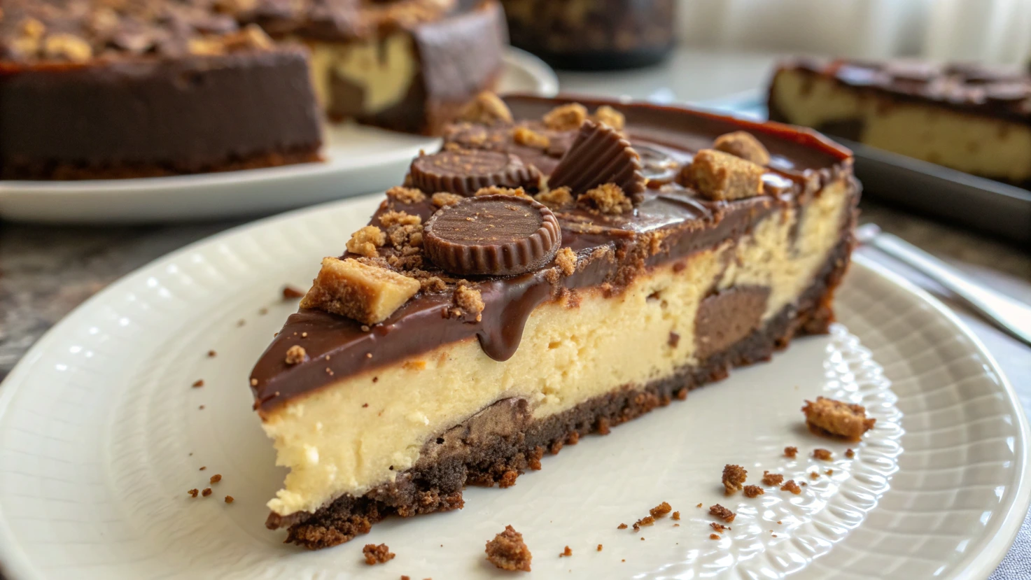 Close-up of Reese's Cheesecake Slice with Peanut Butter Cups and Chocolate Drizzle