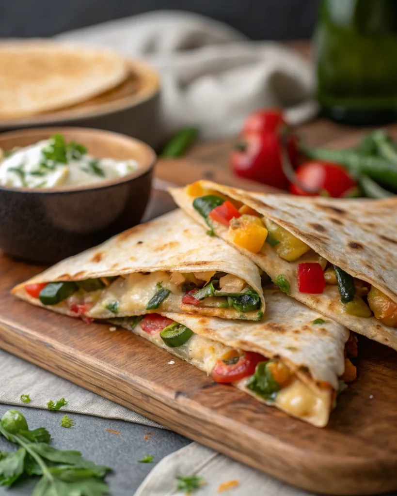 Quesadilla slices on a wooden cutting board