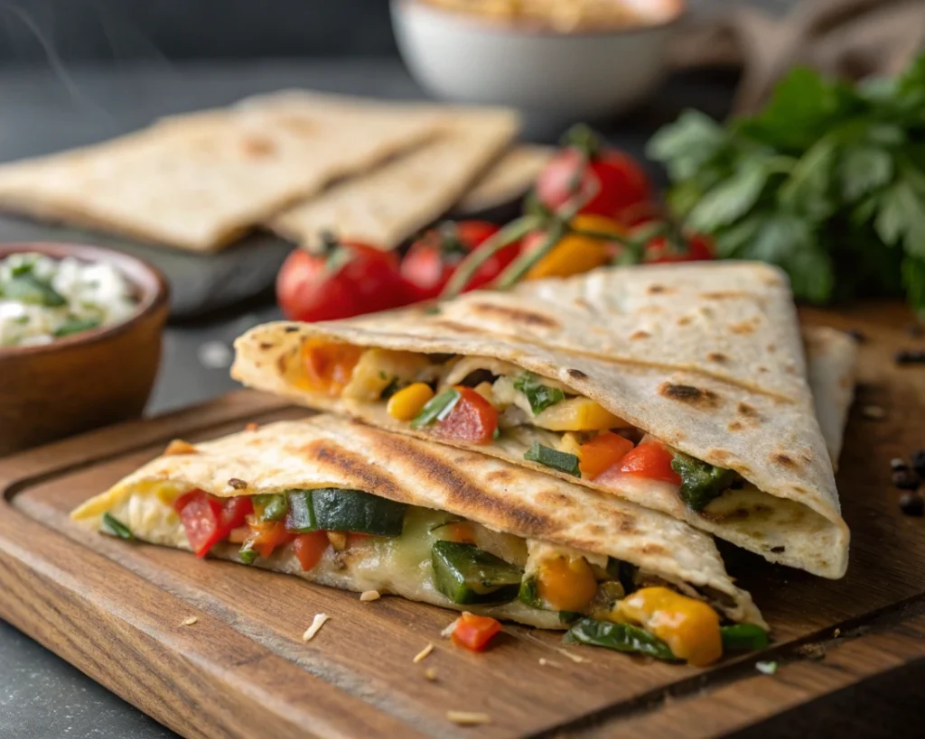 Roasted vegetable quesadilla on a wooden cutting board