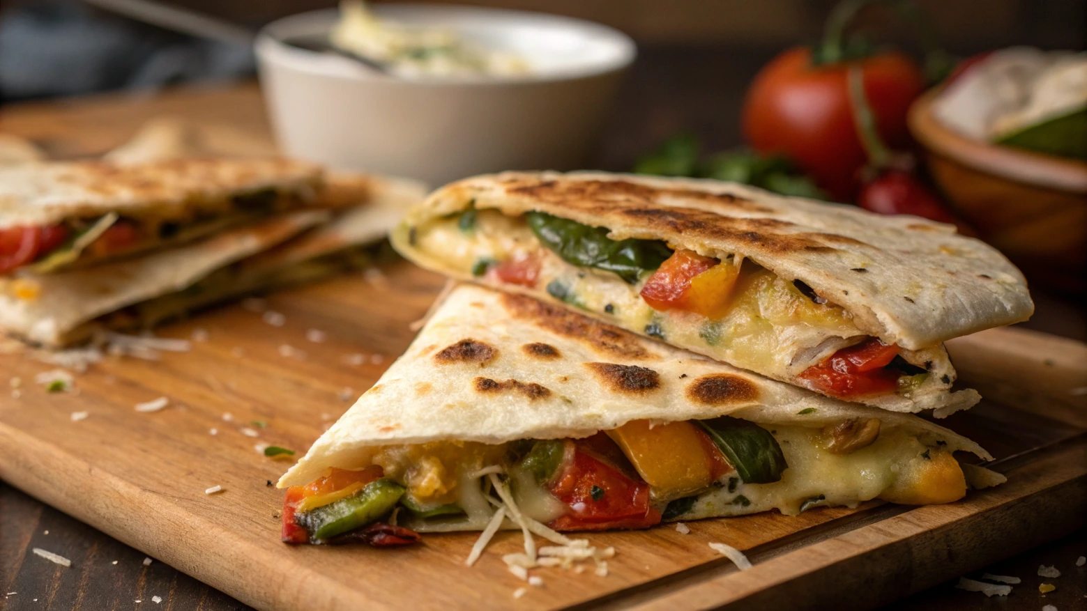 Roasted vegetable quesadilla on a wooden board