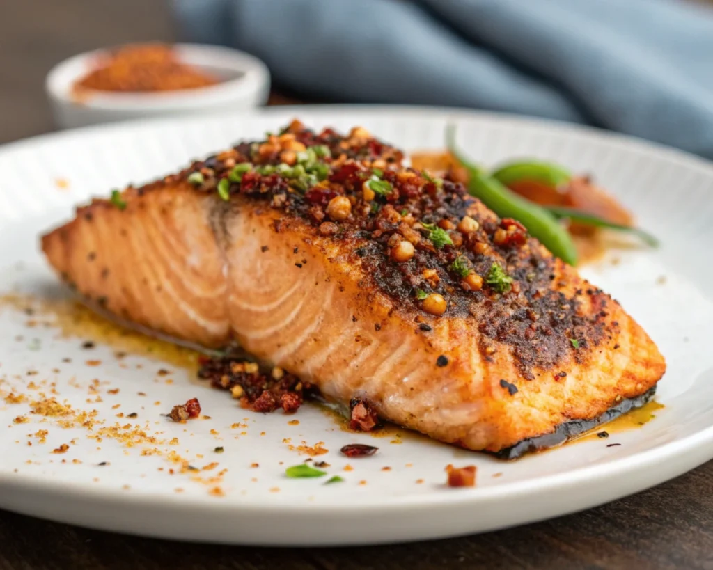 Salmon dish served with rice and greens