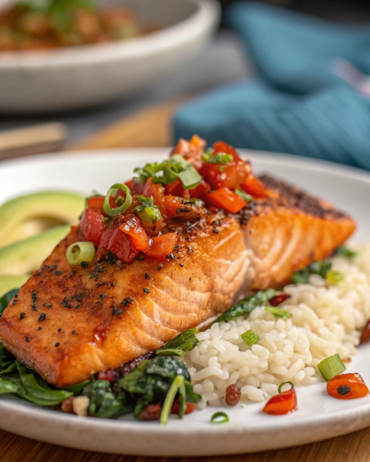 Close-up of salmon fillet with chili crisp topping