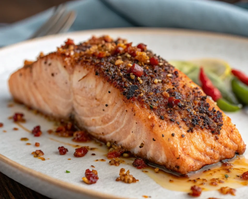 Salmon fillet with chili crisp topping and garnishes