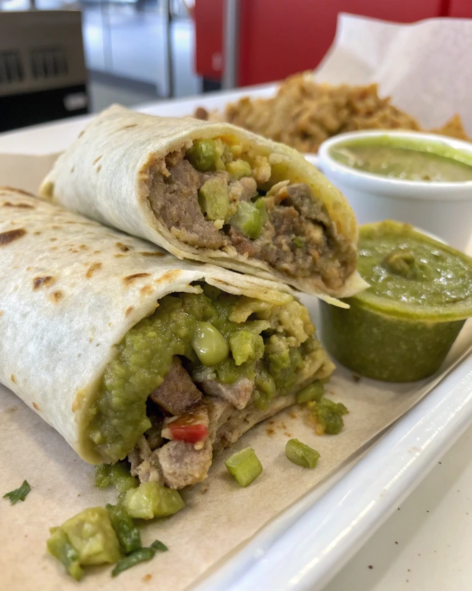 Closeup of a delicious chile verde burrito filled with tender meat, vegetables, and green sauce