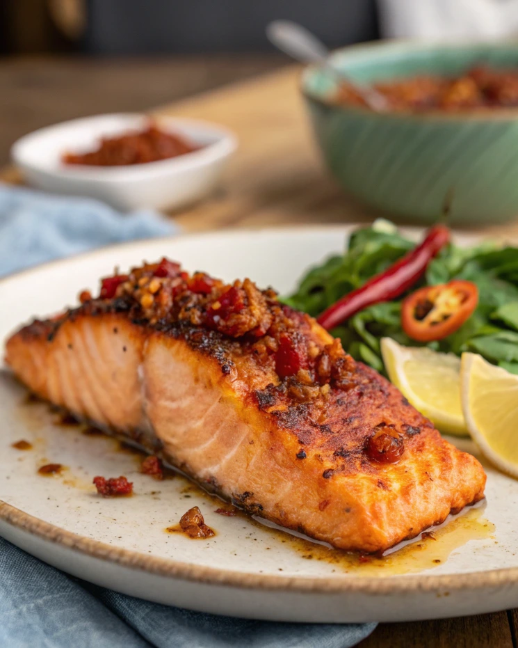 Delicious salmon dish with chili crisp topping