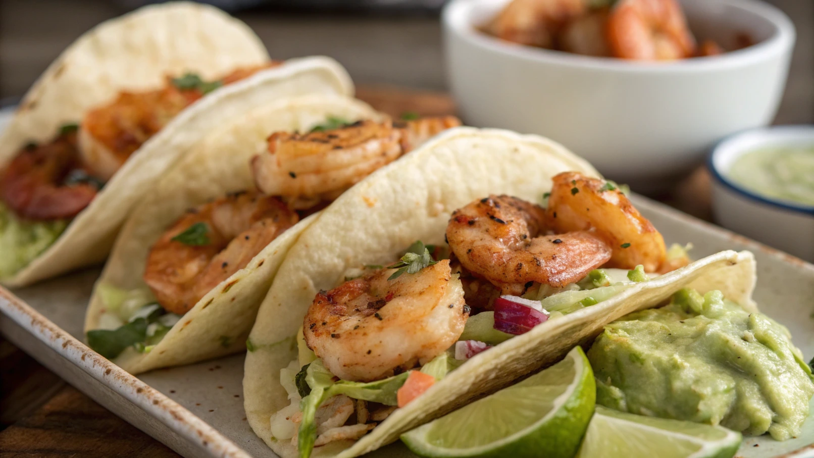 Delicious shrimp tacos with avocado crema, garnished with fresh cilantro and lime wedges, served on a white plate.