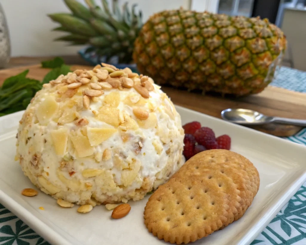 Ingredients for pineapple cream cheese ball: cream cheese, crushed pineapple, nuts, and green onions.