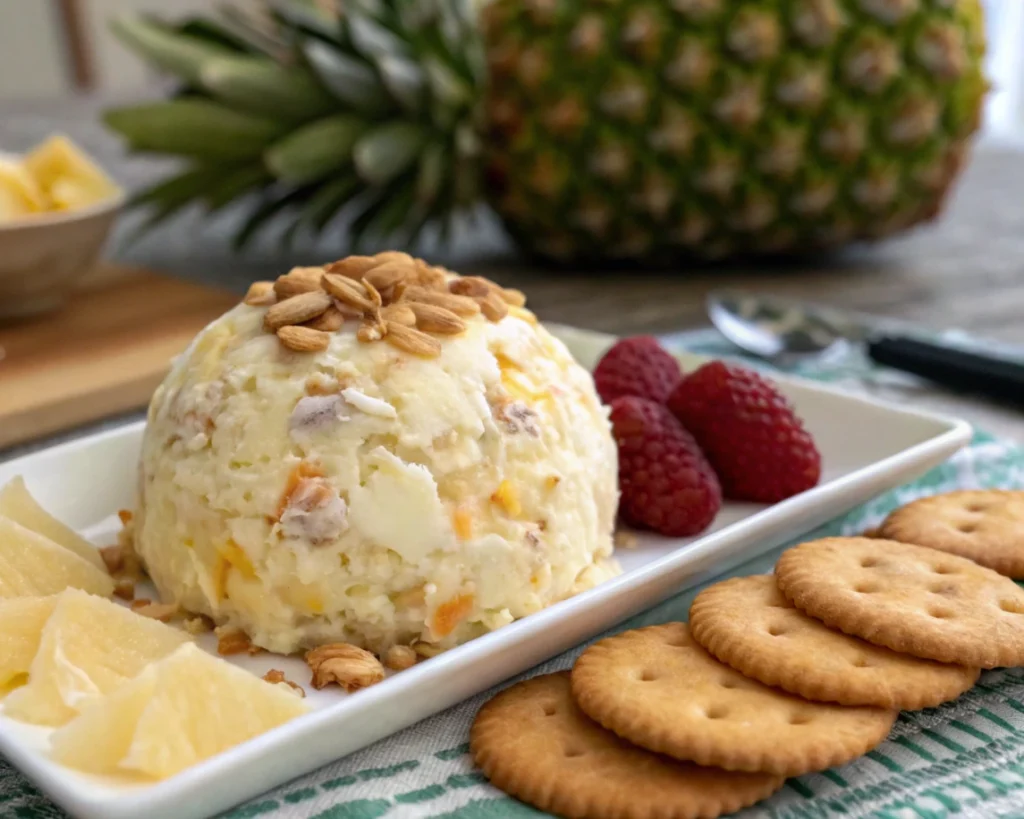 Hands mixing cream cheese and pineapple in a bowl for homemade cheese ball.