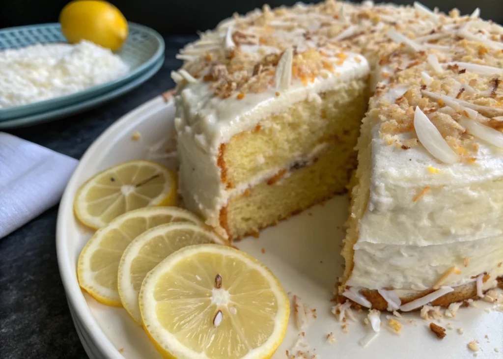 Sliced lemon cake with lemon wedges