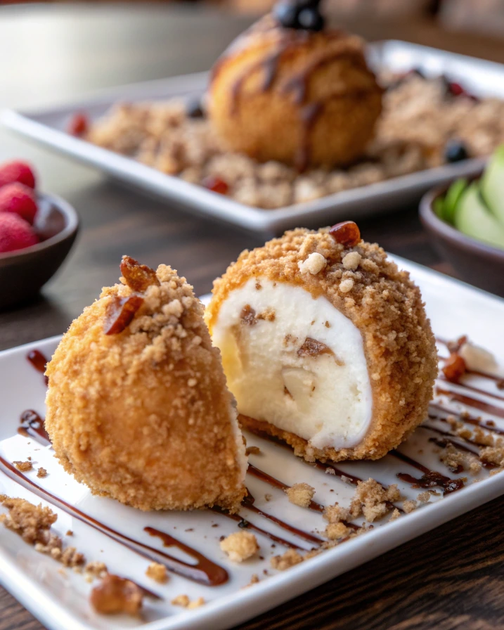 Close-up of a Mexican fried ice cream dessert with a creamy center and crunchy coating