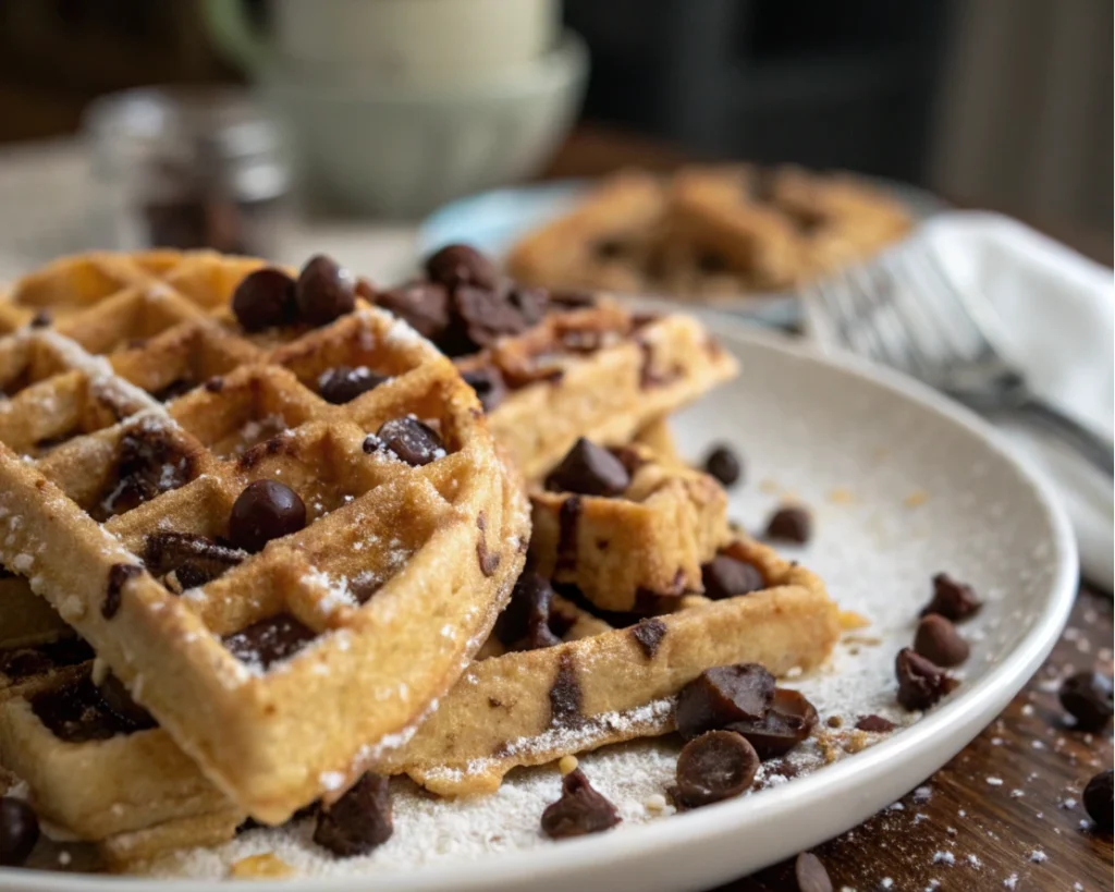 Stacked chocolate chip waffles with chocolate chips and fresh berries