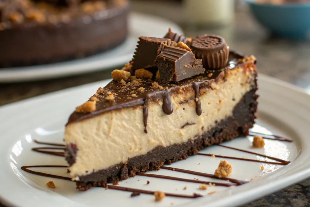 Whole Reese's Cheesecake with Chocolate Drizzle and Peanut Butter Cups