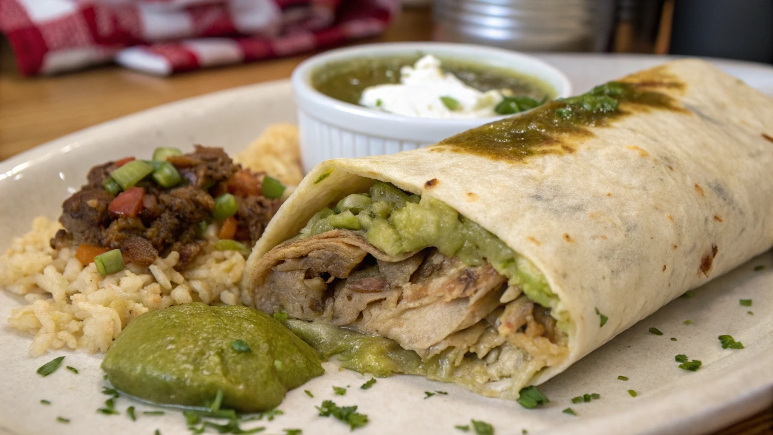 A plate featuring a chile verde burrito, rice, and green sauce