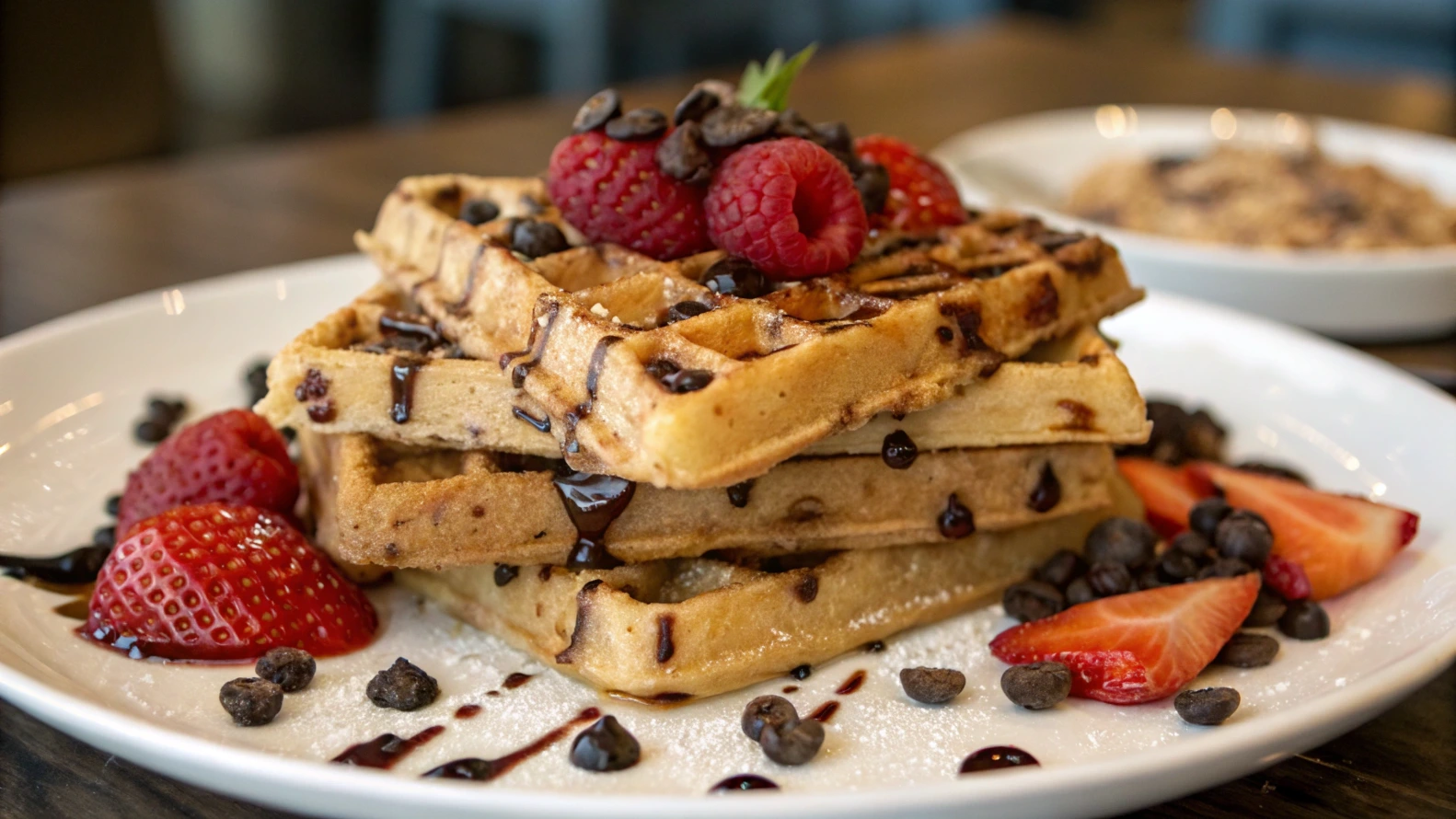 Homemade chocolate chip waffles with chocolate chips and powdered sugar