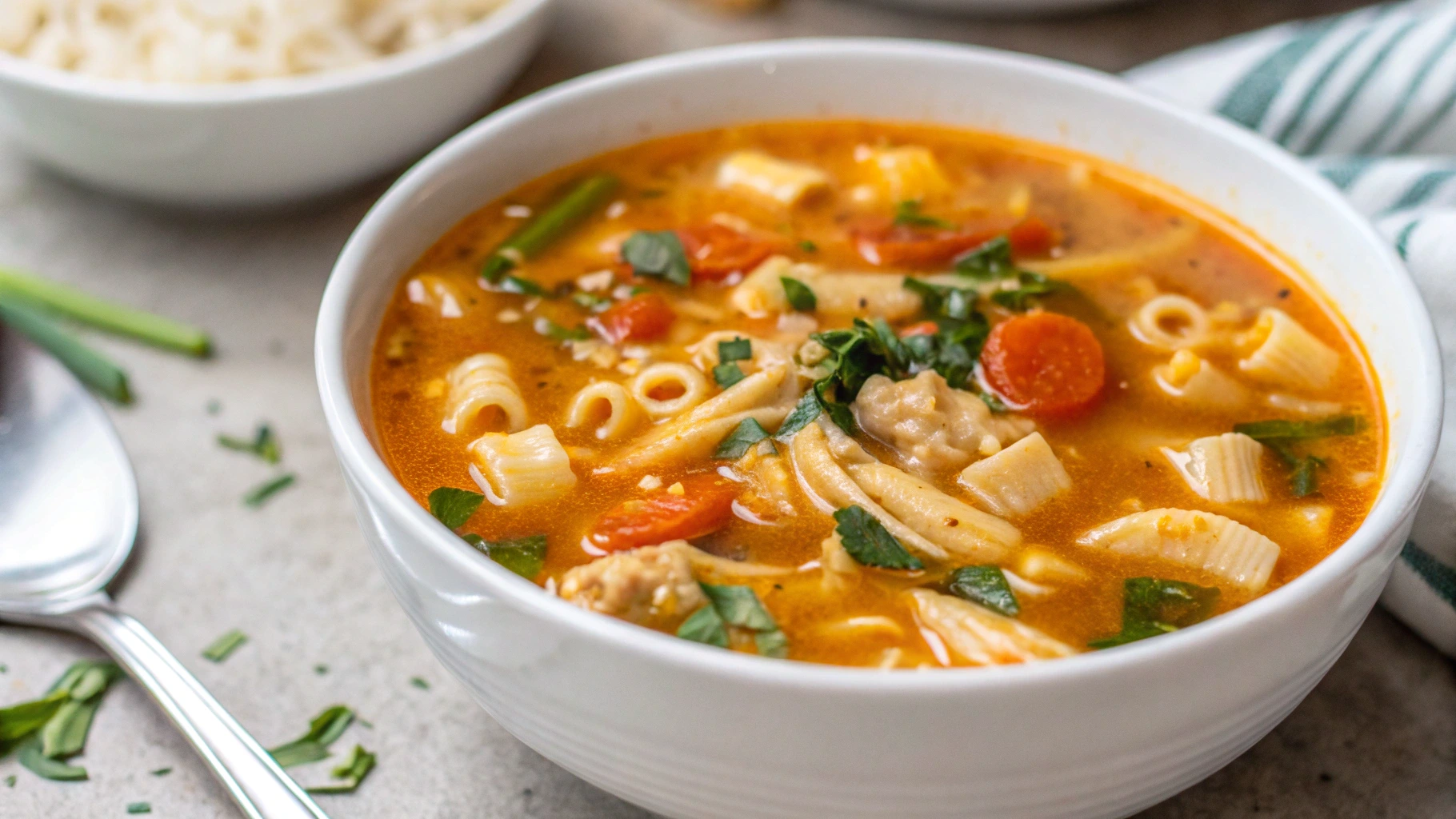 A steaming bowl of Marry Me Chicken Soup with a spoon