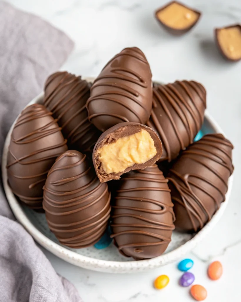 Chocolate-covered peanut butter eggs with a creamy filling