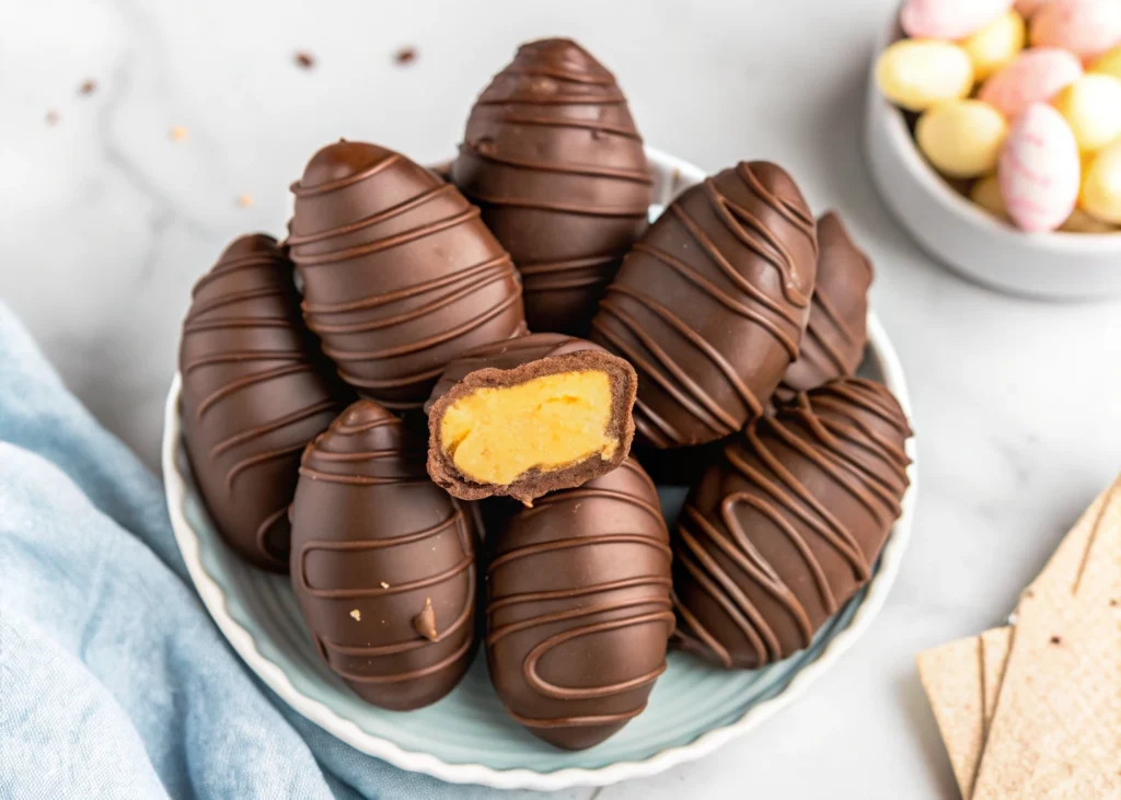 Assortment of peanut butter eggs on a plate