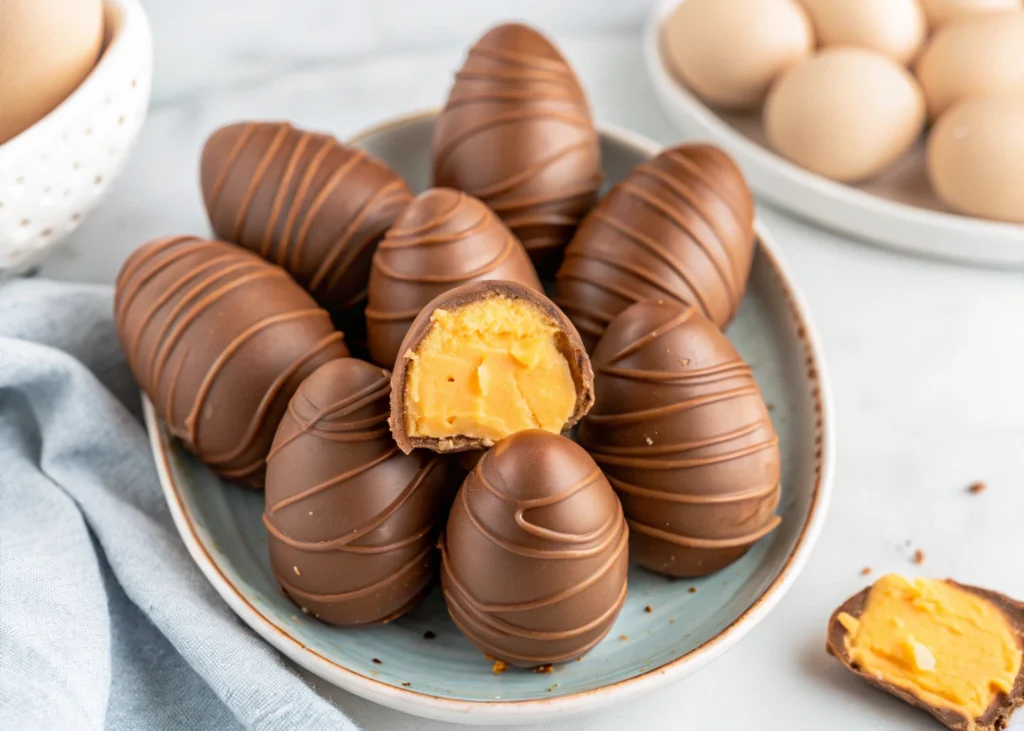 Close-up of a peanut butter egg with a cross-section view