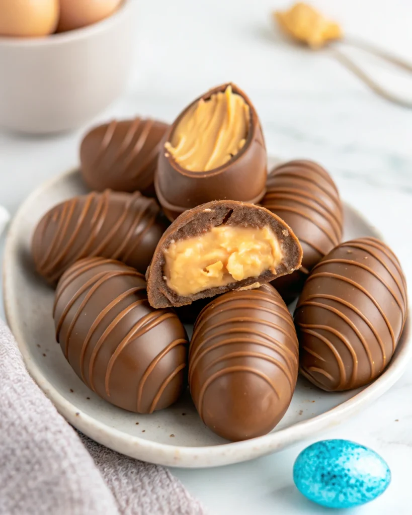 Peanut butter eggs with a dusting of cocoa powder