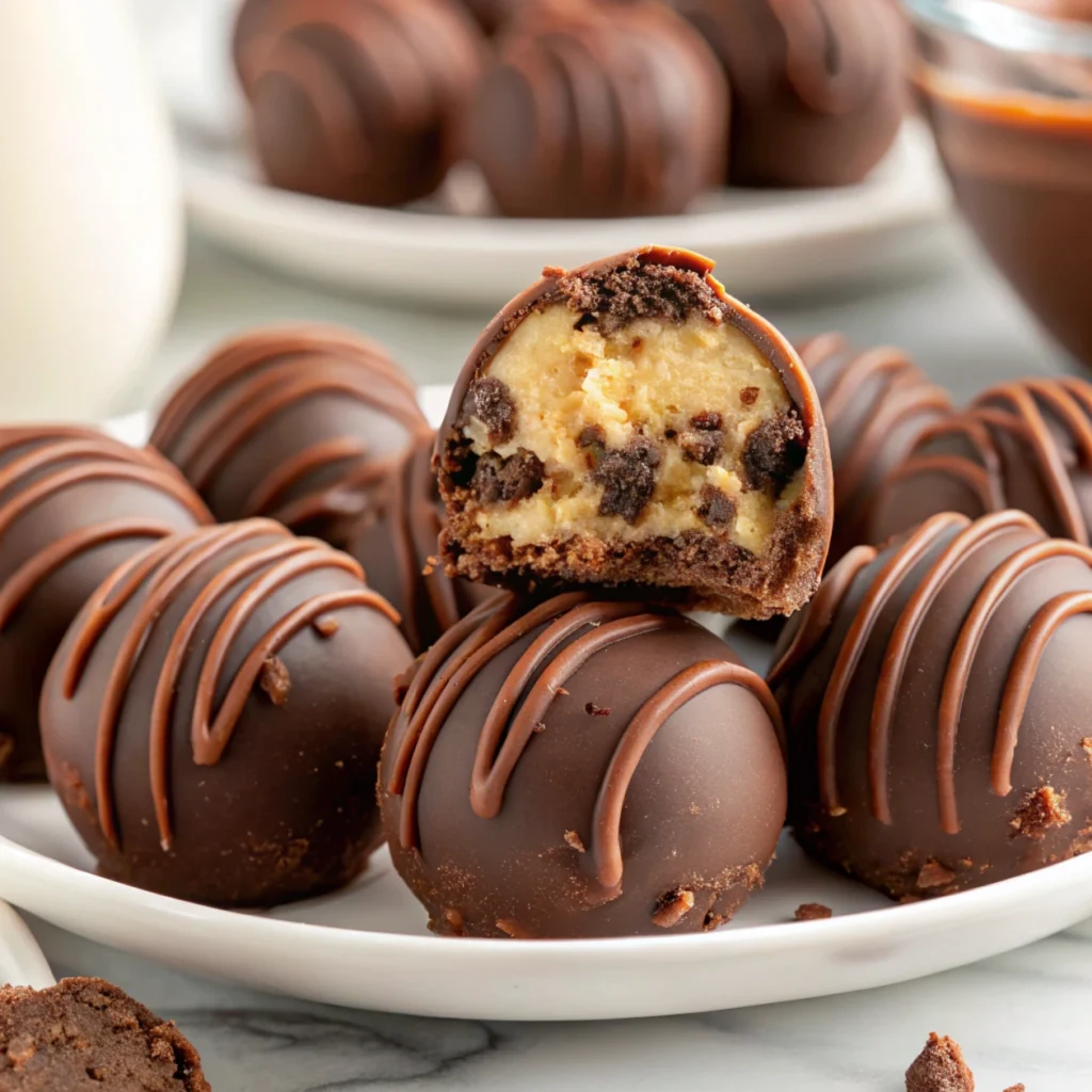 Close-up of a chocolate chip cookie dough brownie bomb with a bite taken out